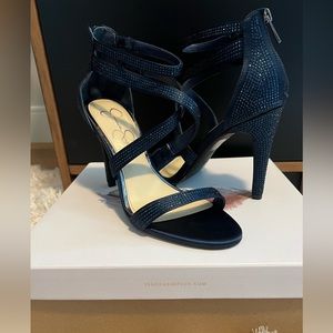 NEW Jessica Simpson Navy Crystal satin stilettos with ankle strap sz 8.5